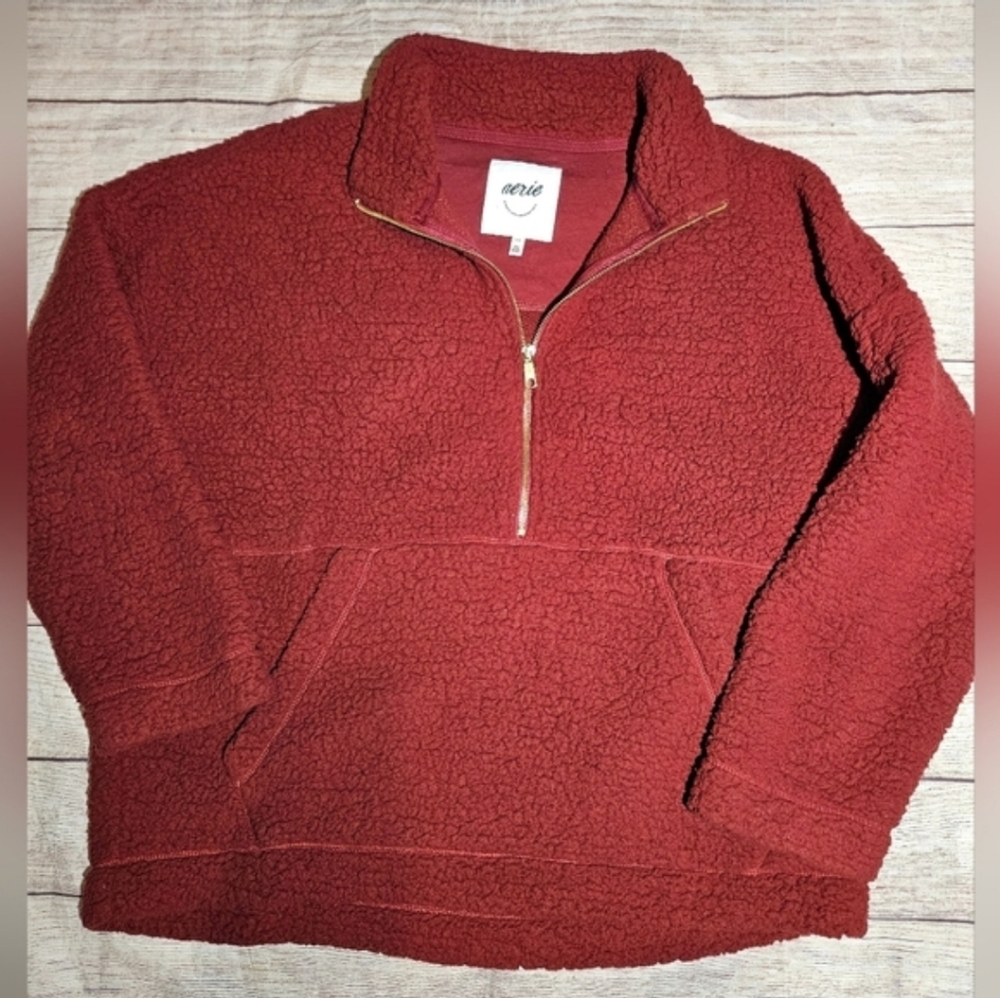 Aerie Sherpa Teddy Fleece Cherry Tart Quarter Zip Oversized Sweatshirt